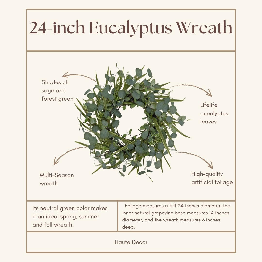 Eucalyptus Wreath for Front Door – 24 Inch Artificial Greenery Door Wreath with
