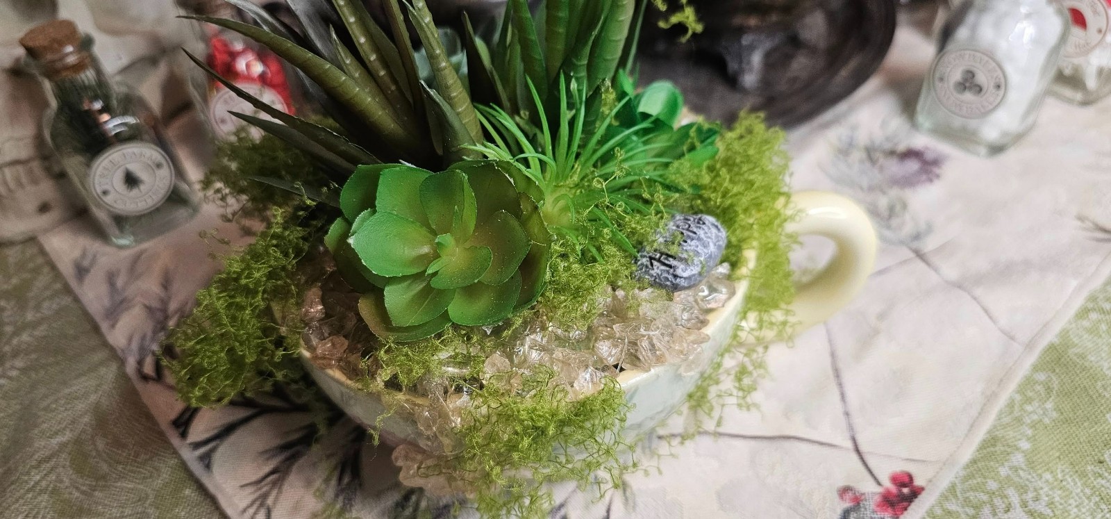 OOAK Upcycled DIY Succulent Tea Cup Fake Artificial Plant Decor Rose Quartz