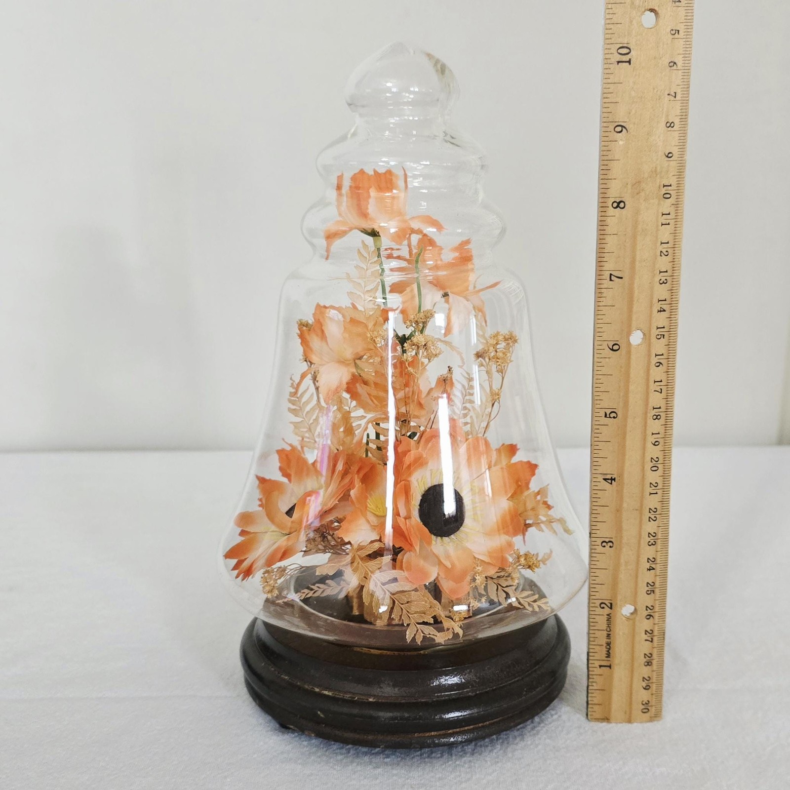 Vintage Kmart Orange Faux Floral Arrangement Glass Cloche, Bell Jar Dome on