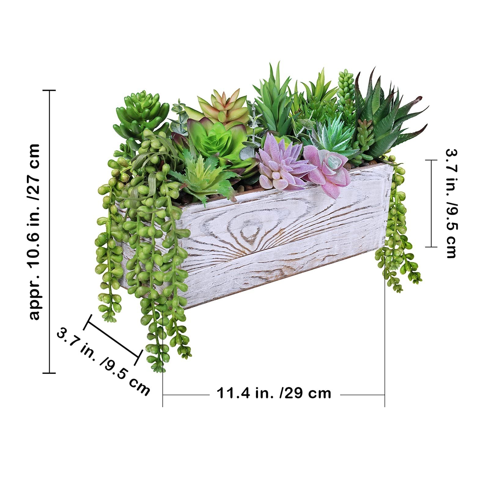 19 PCS Assorted Artificial Succulents Rectangular Wooden Pot Planter Center