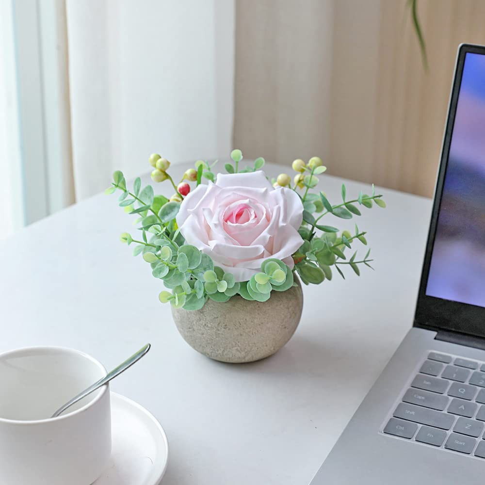 Small Artificial Light Pink Rose Potted Plant, 6″ Fake Silk Flowers in 3.5″ R…