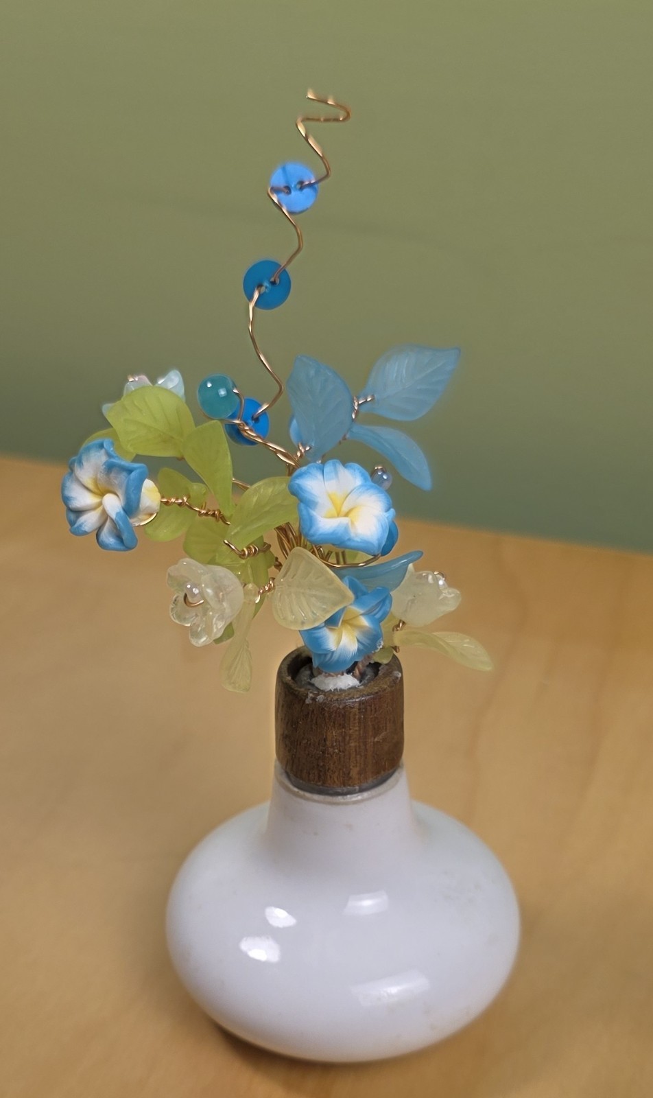 Forever Beaded Flower Bouquet – Glass & Acrylic in Doorknob Vase – OOAK – Blue
