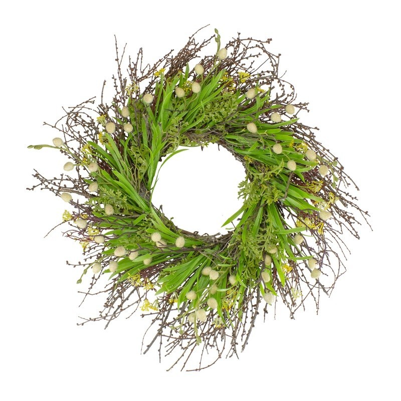Artificial Grass Floral Wreath Yellow Flowers Natural Twigs Indoor Decor 18 Inch