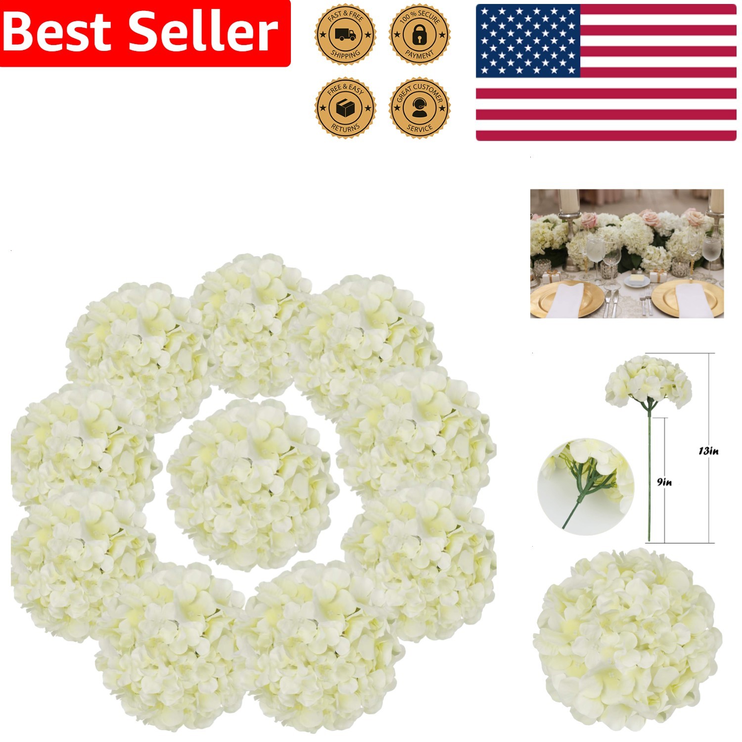 Silk Hydrangea Heads 10pc Ivory Artificial Flowers Stems Wedding Home DIY Craft