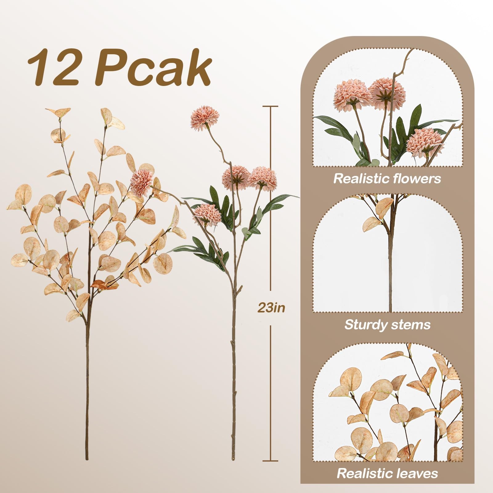 Beige Faux Silk Pompon Mums Artificial Flowers – 12 Pcs Fake Kiku Flowers Bul…
