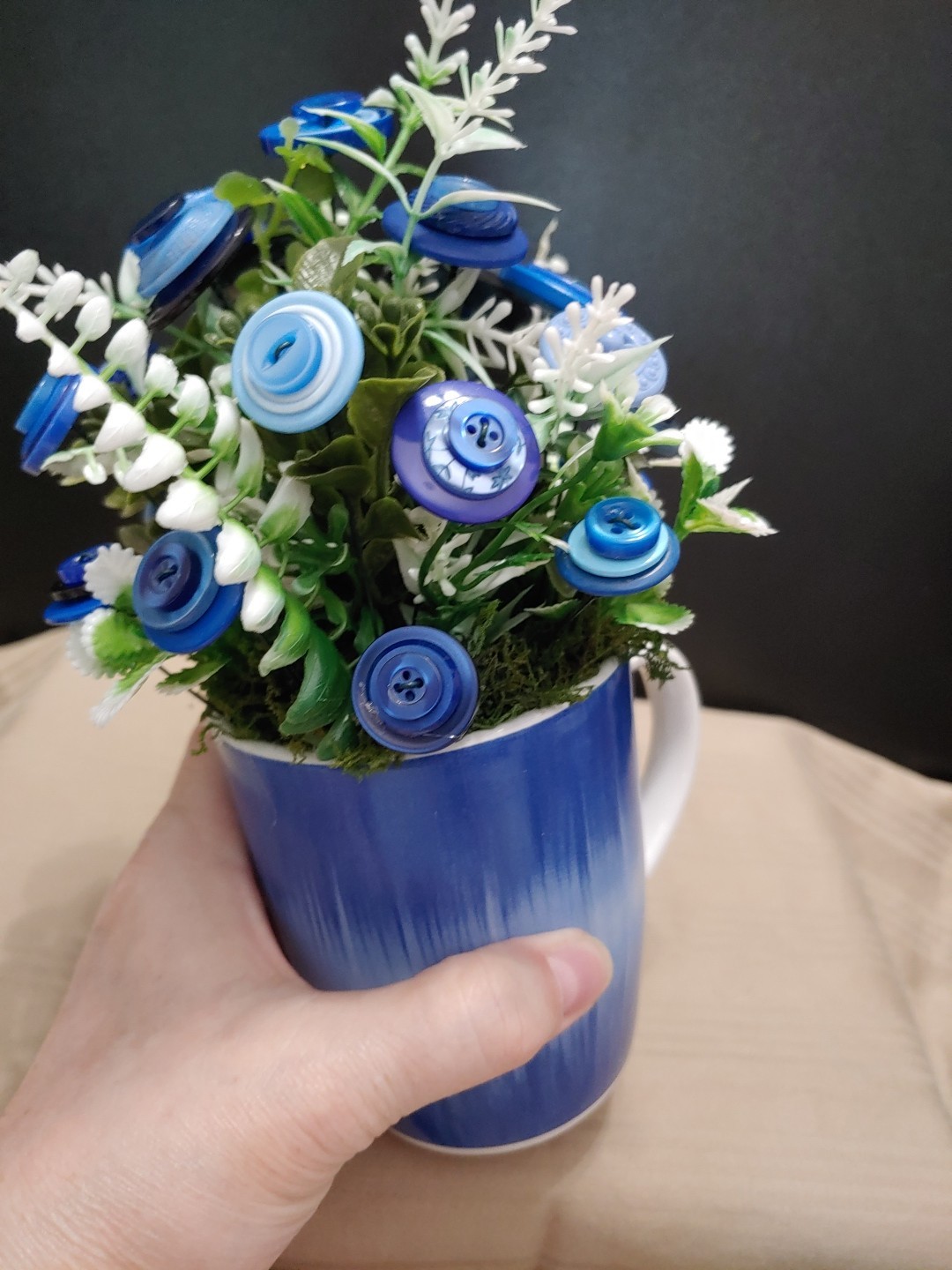 Blue Button Flower Bouquet With Greenery In Blue White Coffee Mug Vintage Button