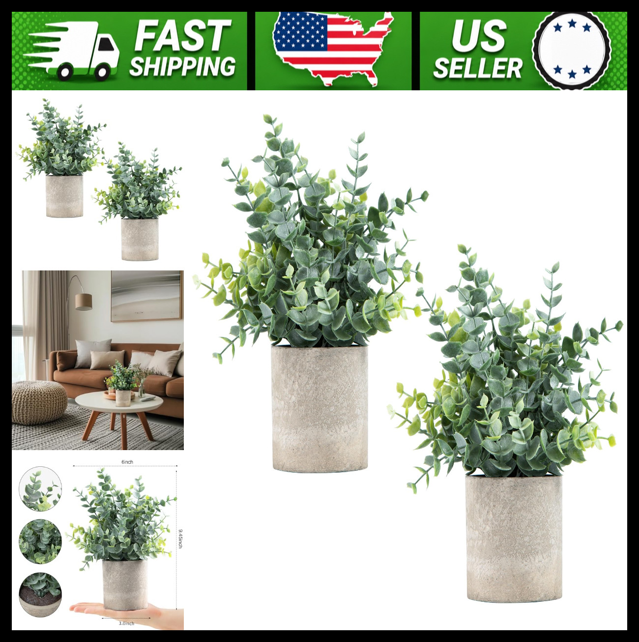 2 Pack Small Fake Plants Eucalyptus Potted Artificial Plants for Shelf Desk