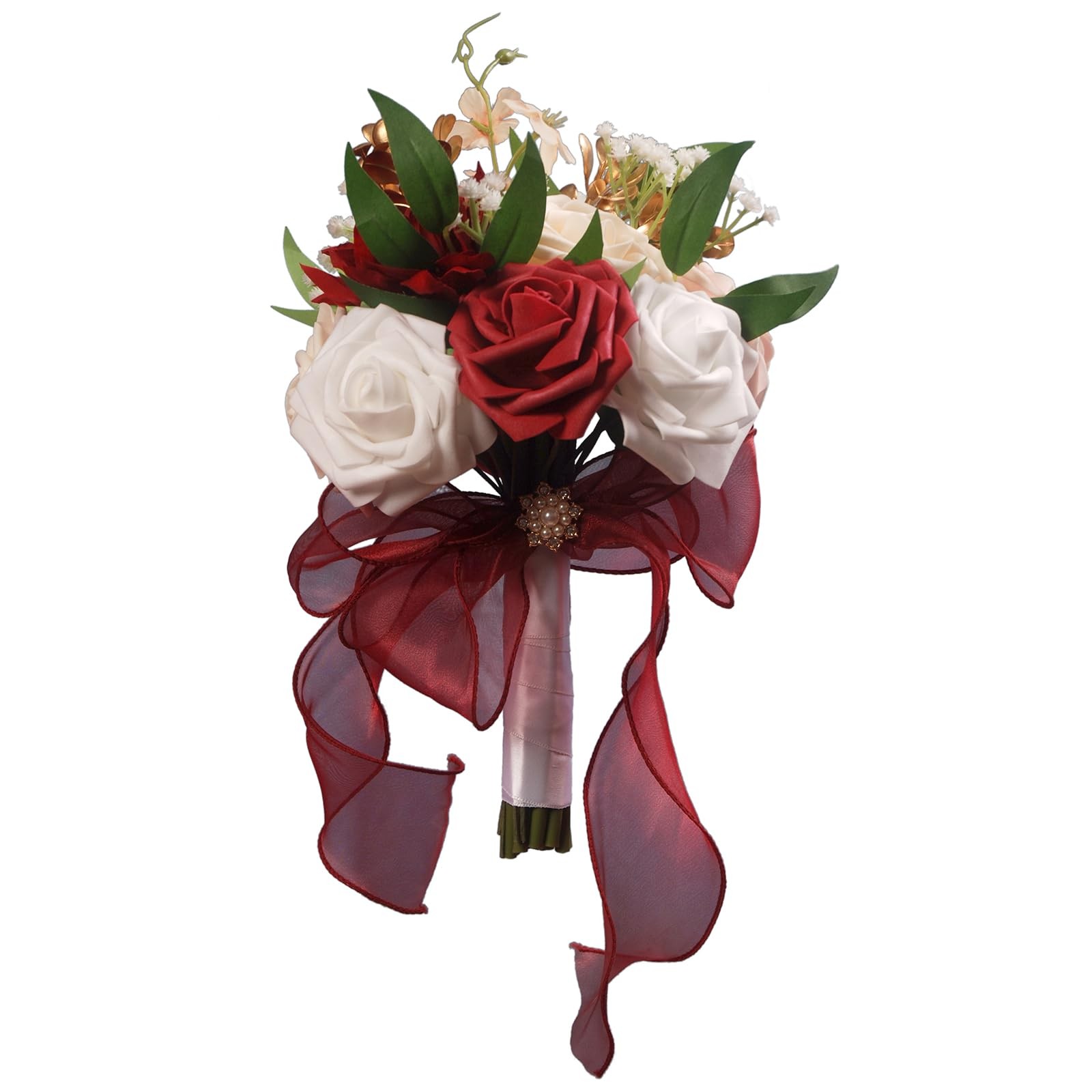 Burgundy White Silk Ribbon Artificial Toss Rose Wedding Bridesmaid Bouquet