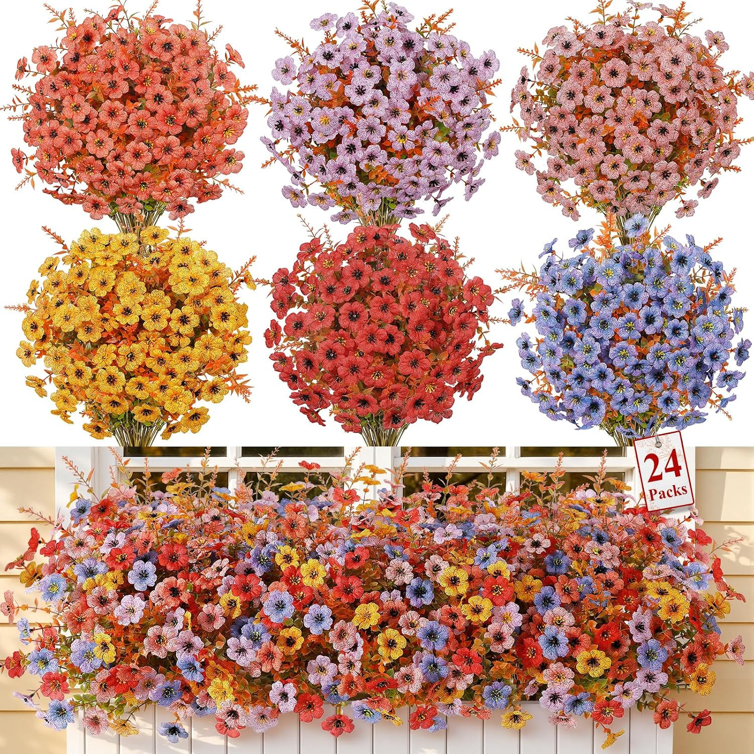 24 Bundles Artificial Flowers for Outdoors Decoration, Faux Plants Fake Silk Col