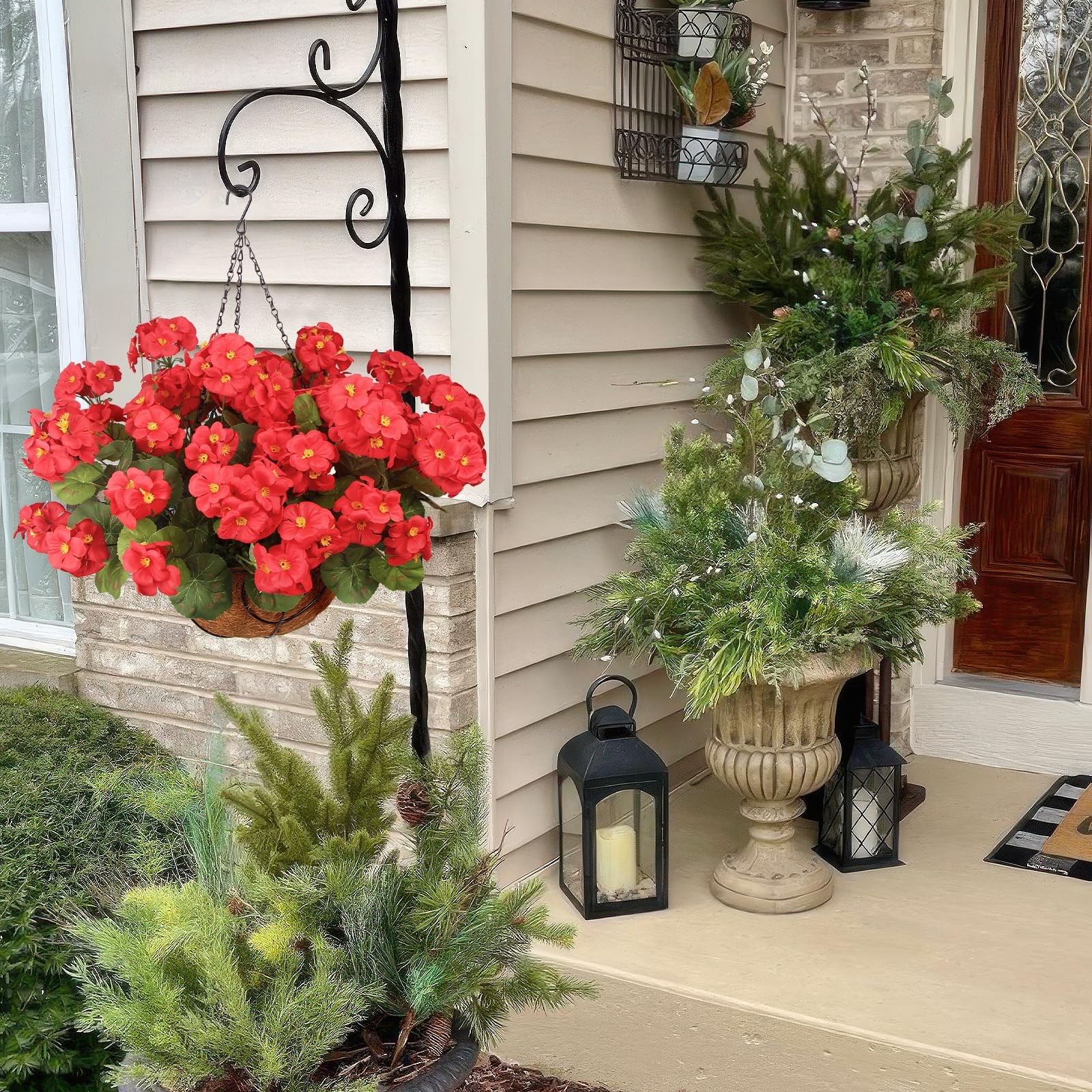 Artificial Flowers for Outdoors with Hanging Basket 12 Pcs Silk Red Geraniums…