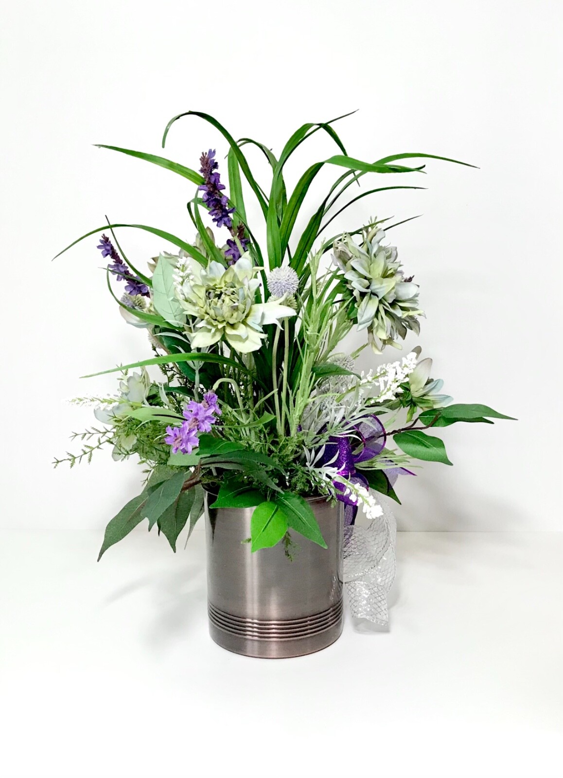 LARGE PURPLE GREEN FLORAL SPRING ARRANGEMENT BRONZE METAL CONTAINER CENTERPIECE