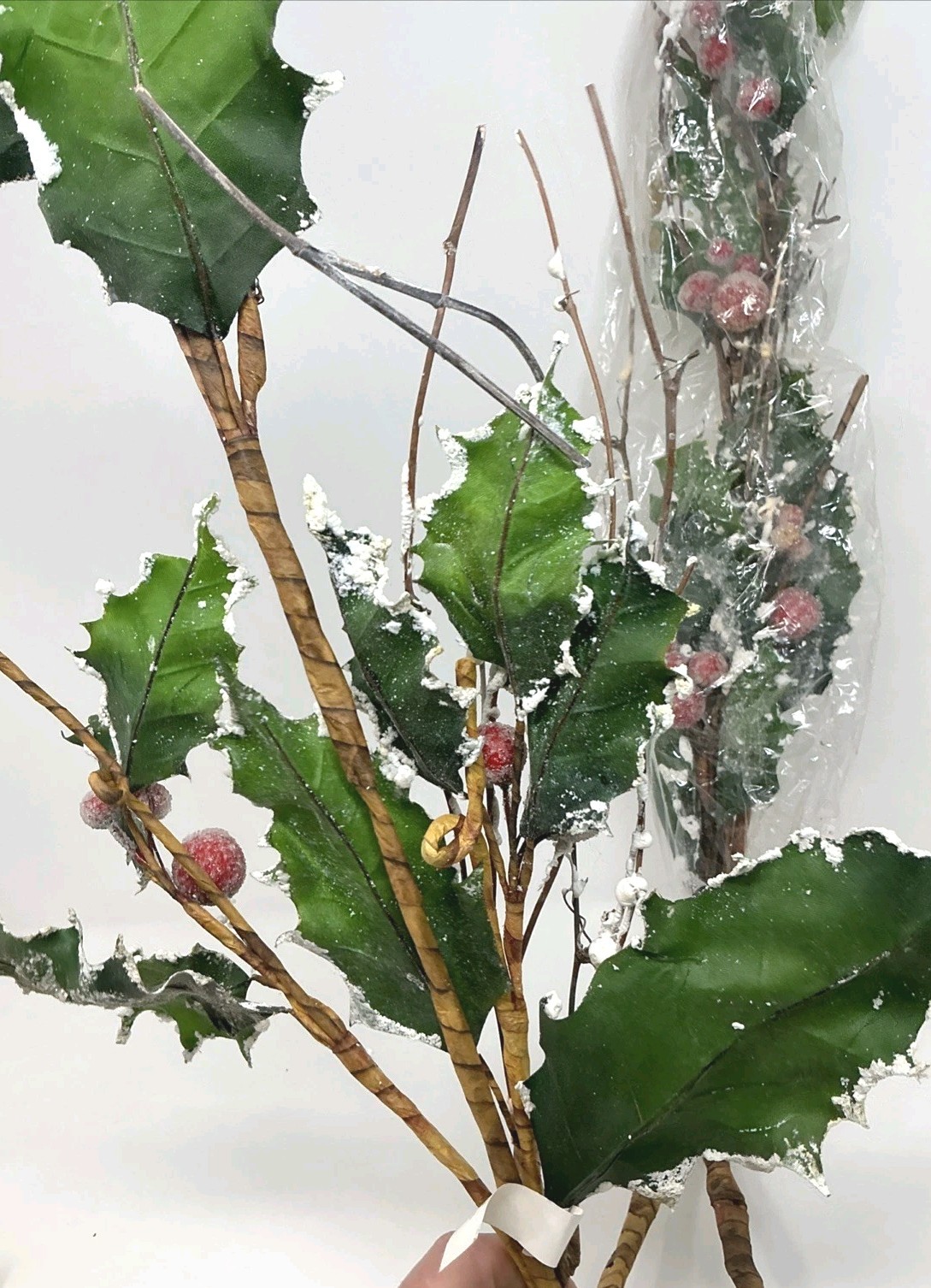 Holly Leaf Floral Pick w Flocked Edges Red Sugar Berries 36” 2 Picks Artificial