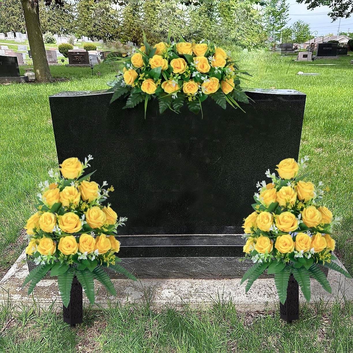 2 Sets of Artificial Cemetery Flowers， Outdoor Grave Decorations Roses