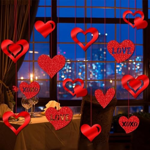 16 Pack Valentines Hanging Decorations-Valentine Heart Decor, Glitter