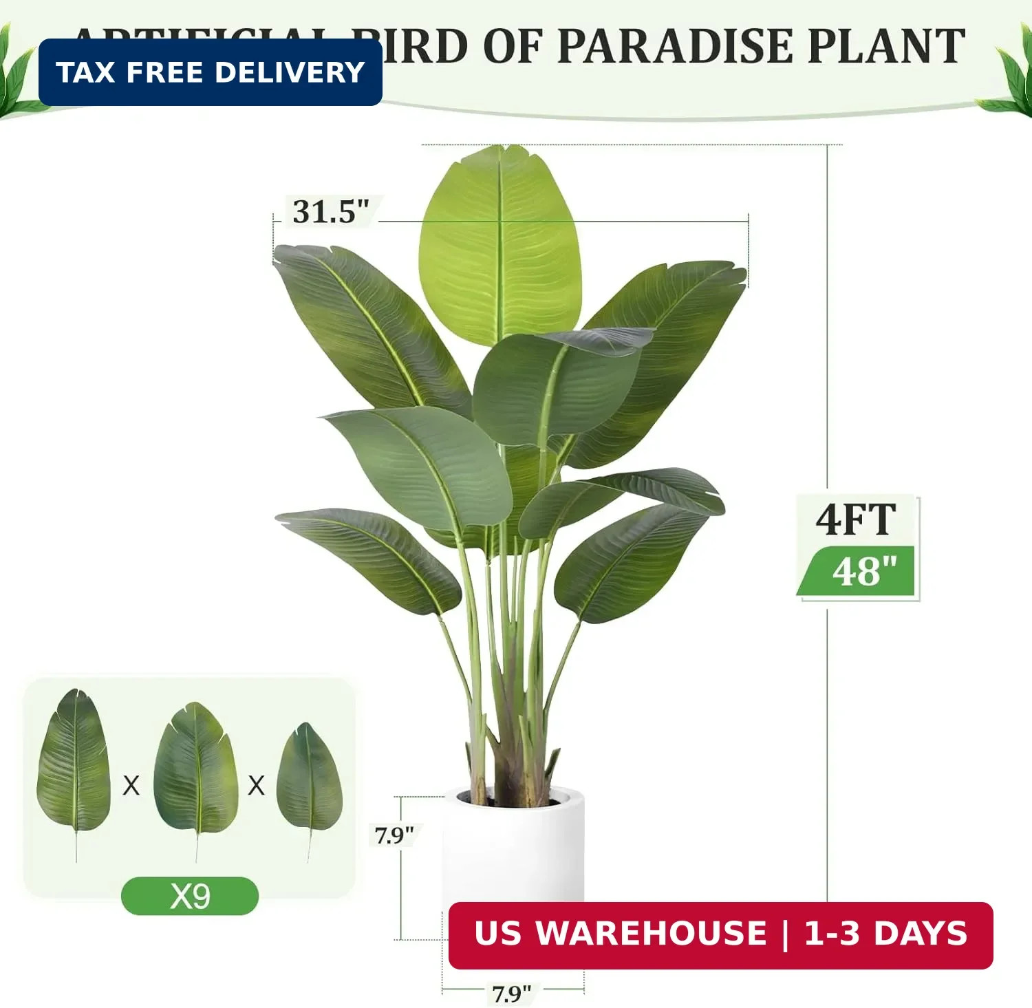 Artificial Bird of Paradise Plant 4Ft Tall Fake Tropical Palm Tree Large Fake Pl
