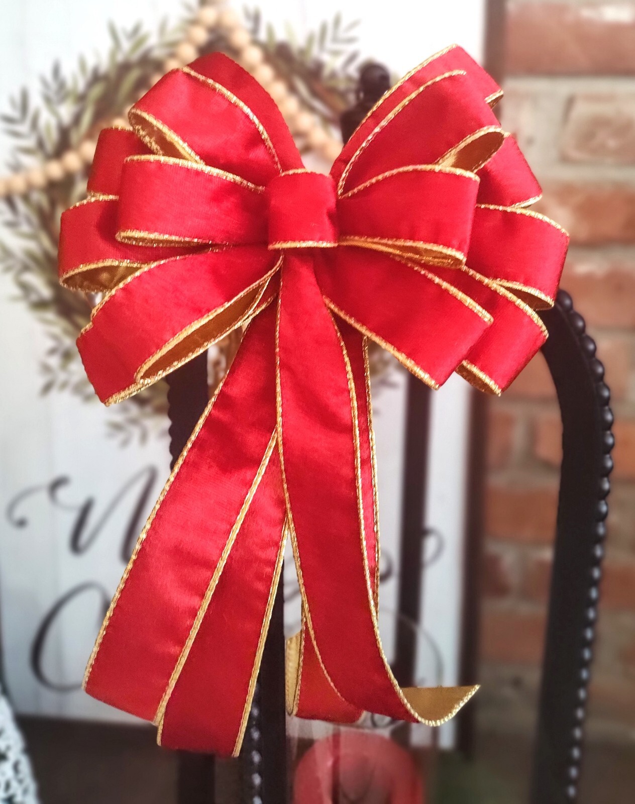 10×16 DeLUXE Red Velvet Bow, Wired Ribbon with Gold Lining