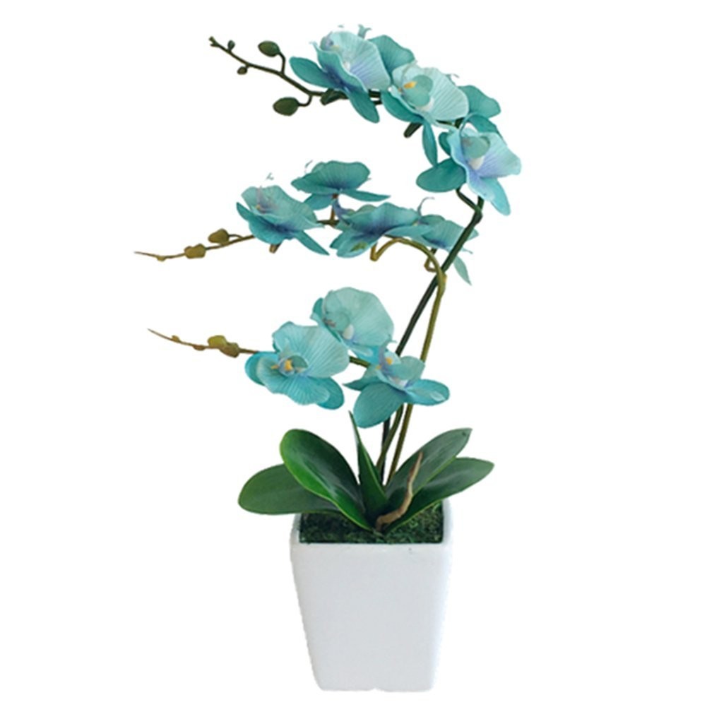 Artificial 15 Inch Tall Phalaenopsis Orchid Plant in Teal Silk Planter