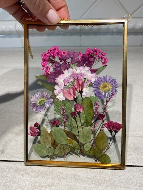Handmade pressed real dried flowers in brass double glass floating frame
