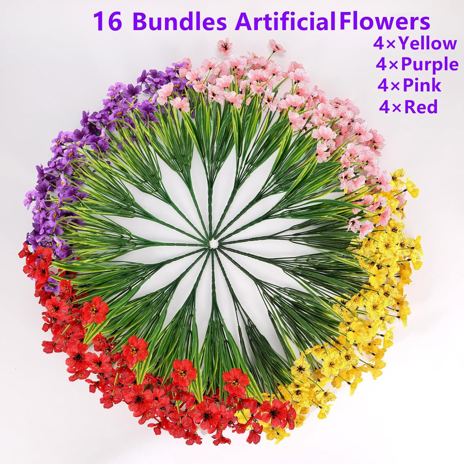 16 Bundles Artificial Mums Flowers for Outdoors, Mix 4 Colors | UV Resistant Fak