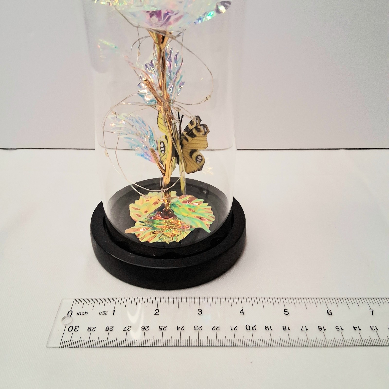 LED Galaxy Iridescent Rose Multicolor Light In Glass Dome W/Butterfly Great Gift