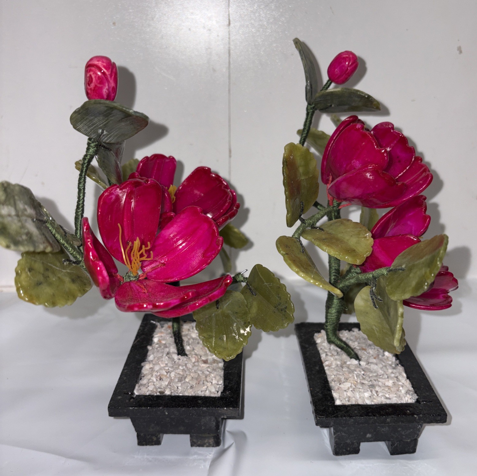 Set of 2 handcrafted Jade and glass flower Bonsai small Peony Flower Basket