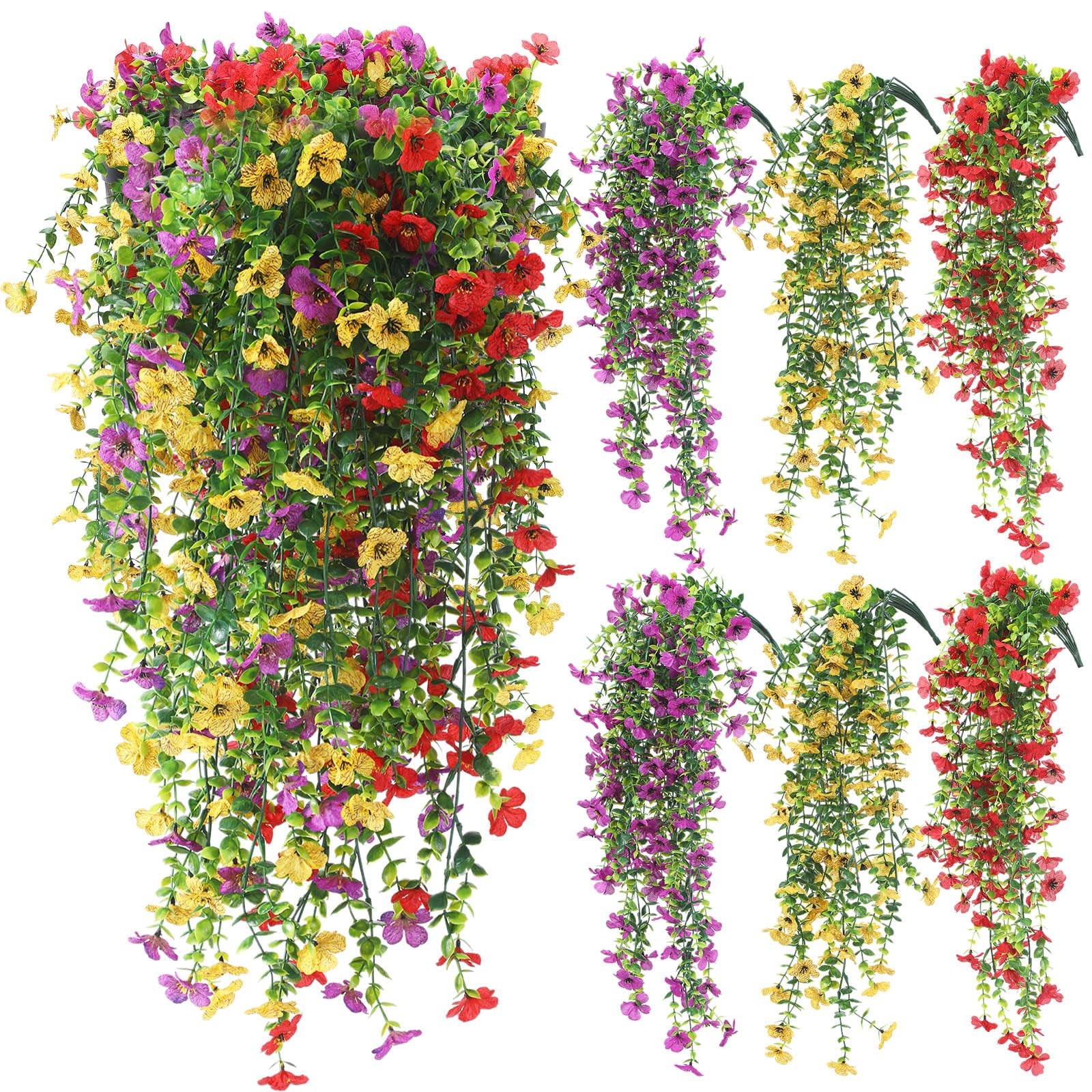 6 Pcs Spring Artificial Hanging Flowers Outdoor Faux Silk Mum Plant Decor Vio…