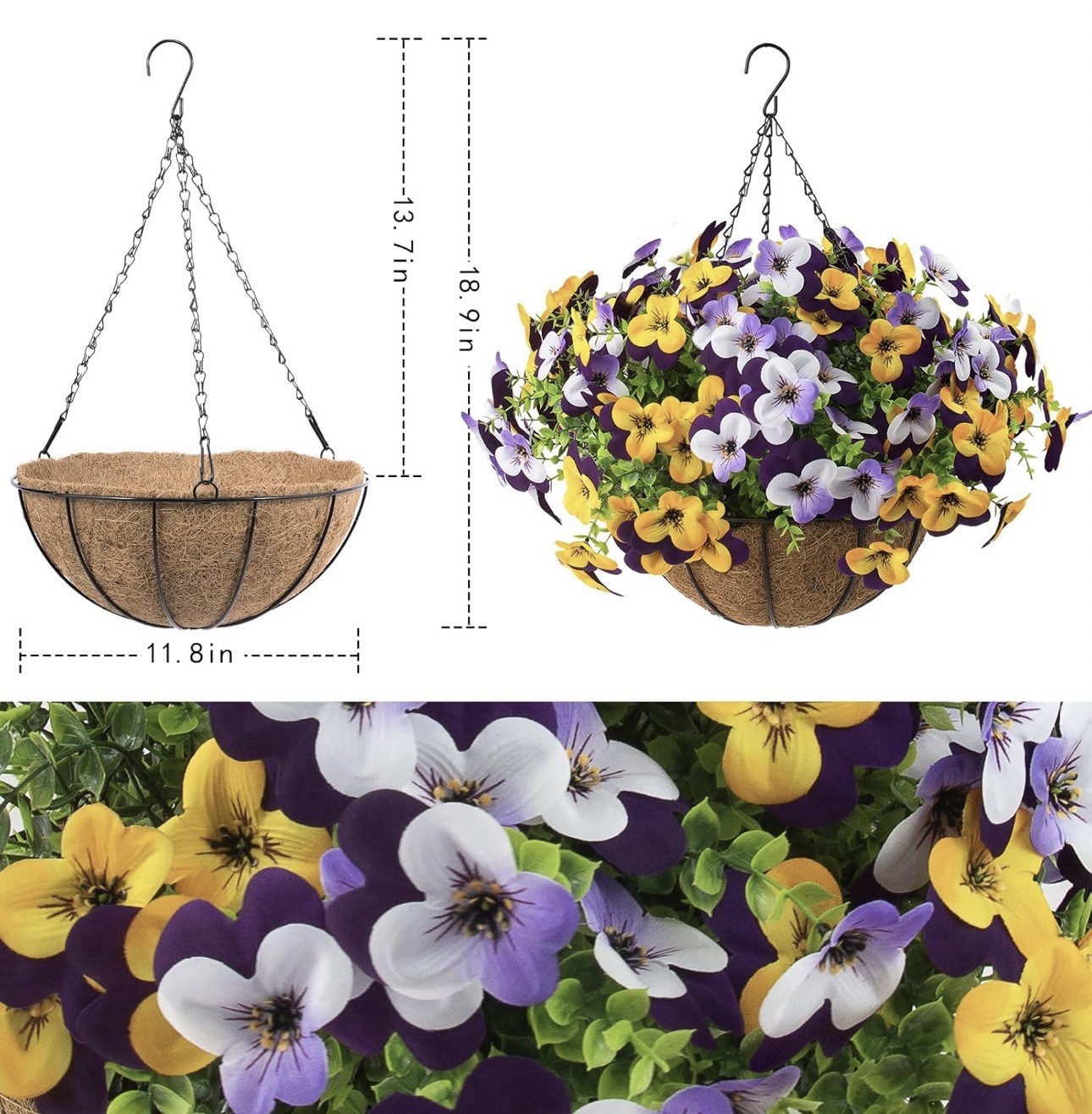 2 Set Artificial Outdoor Pansy Flowers with Hanging Baskets, 2 Hanging Baskets w