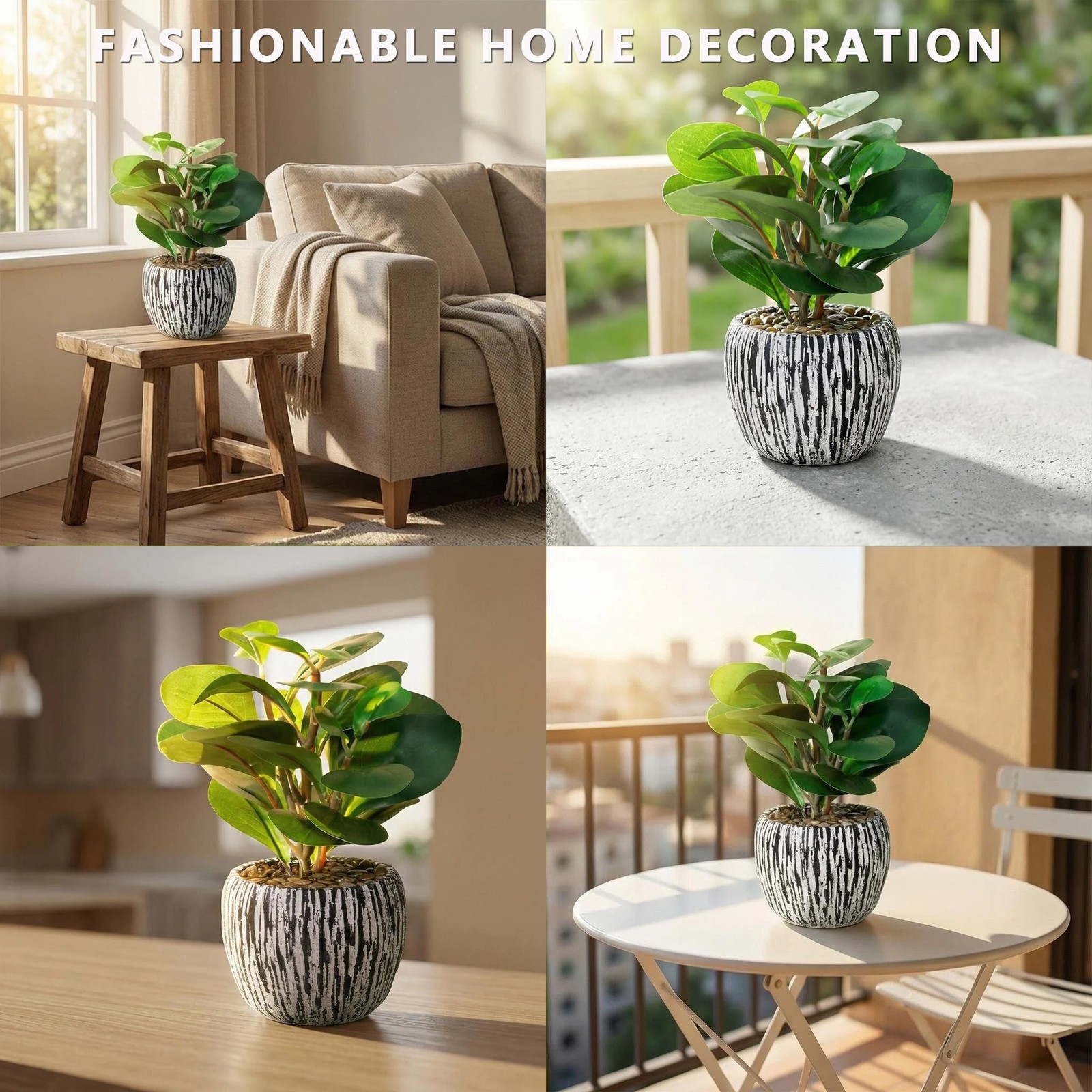 Realistic Small Fake Indoor Plant Artificial Ficus Black Cement Planter 9 Inch