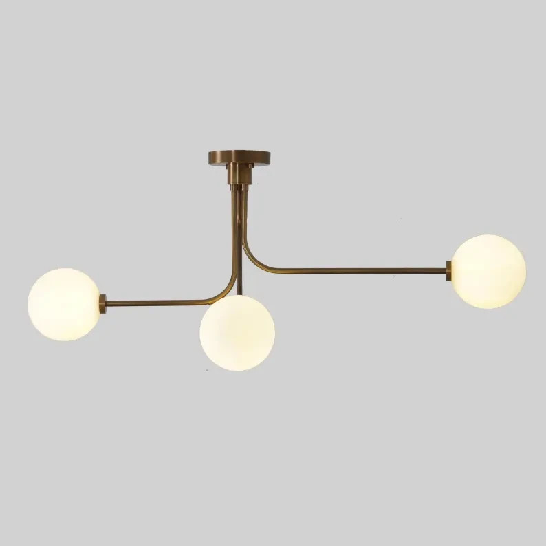 Stilnovo Style Sputnik Chandelier: Brass Linear 3-Globe Ceiling Lamp