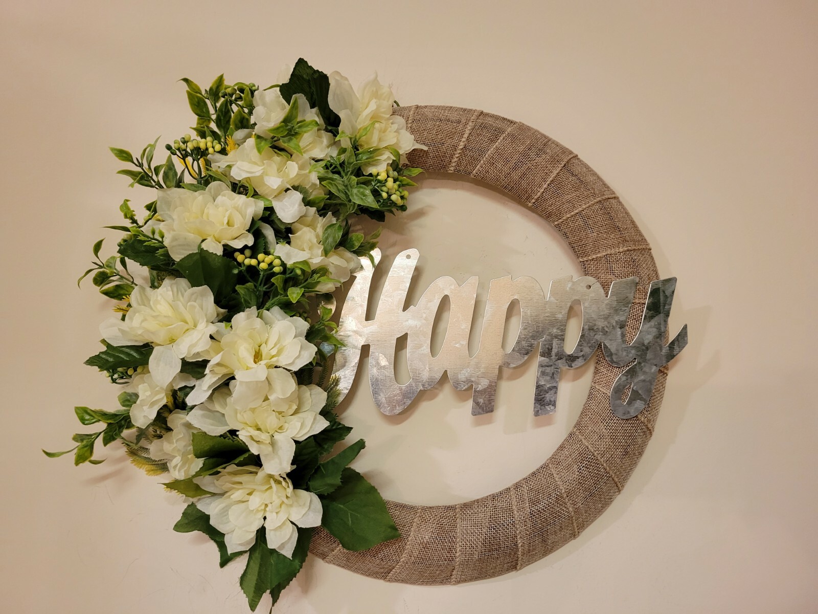 HAPPY white green Dahlias Zinnias burlap WREATH flowers Decor Front Door 16″ new