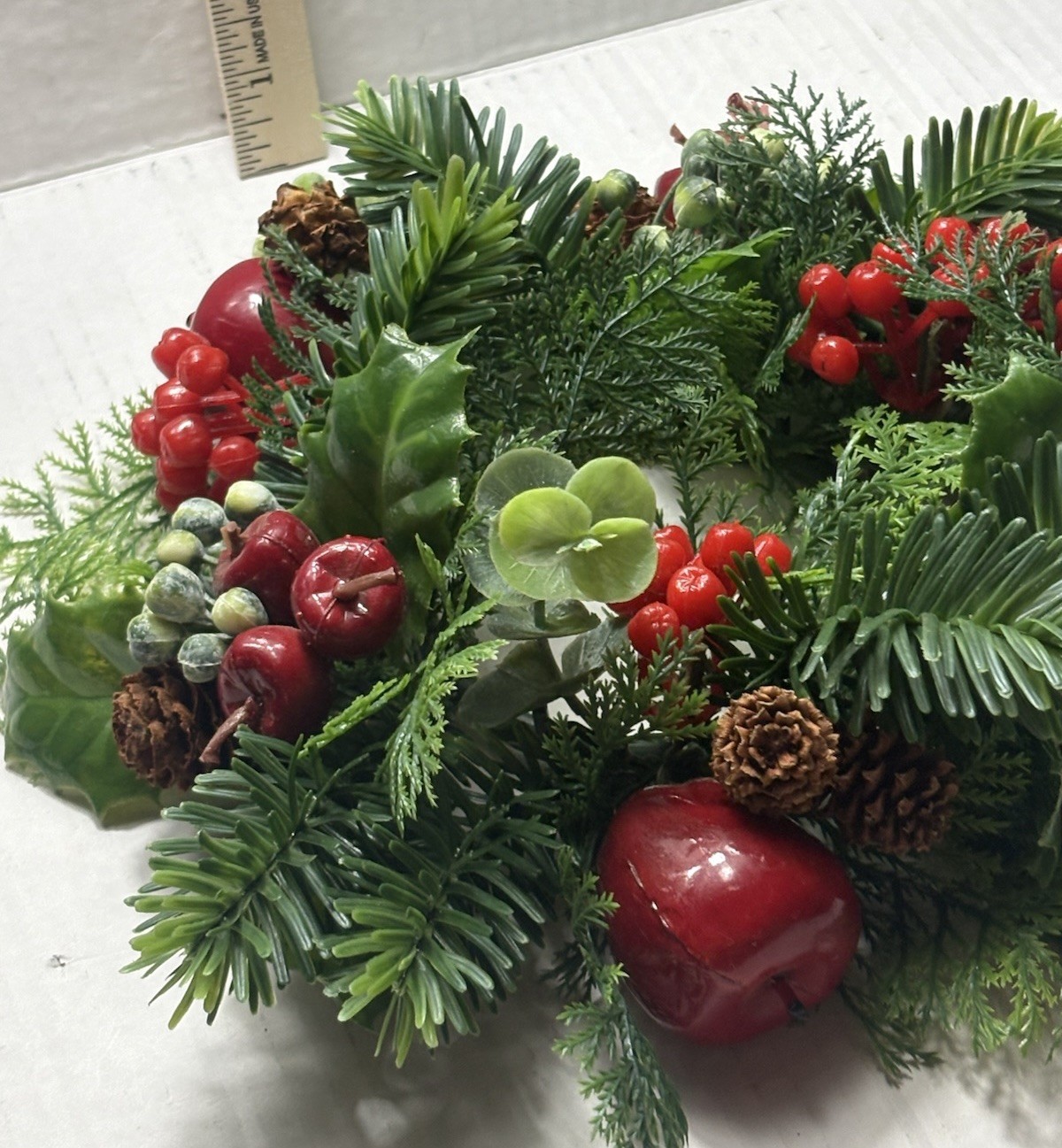 Christmas Candle Ring Wreath Faux Pine Apples Berries Centerpiece Decor