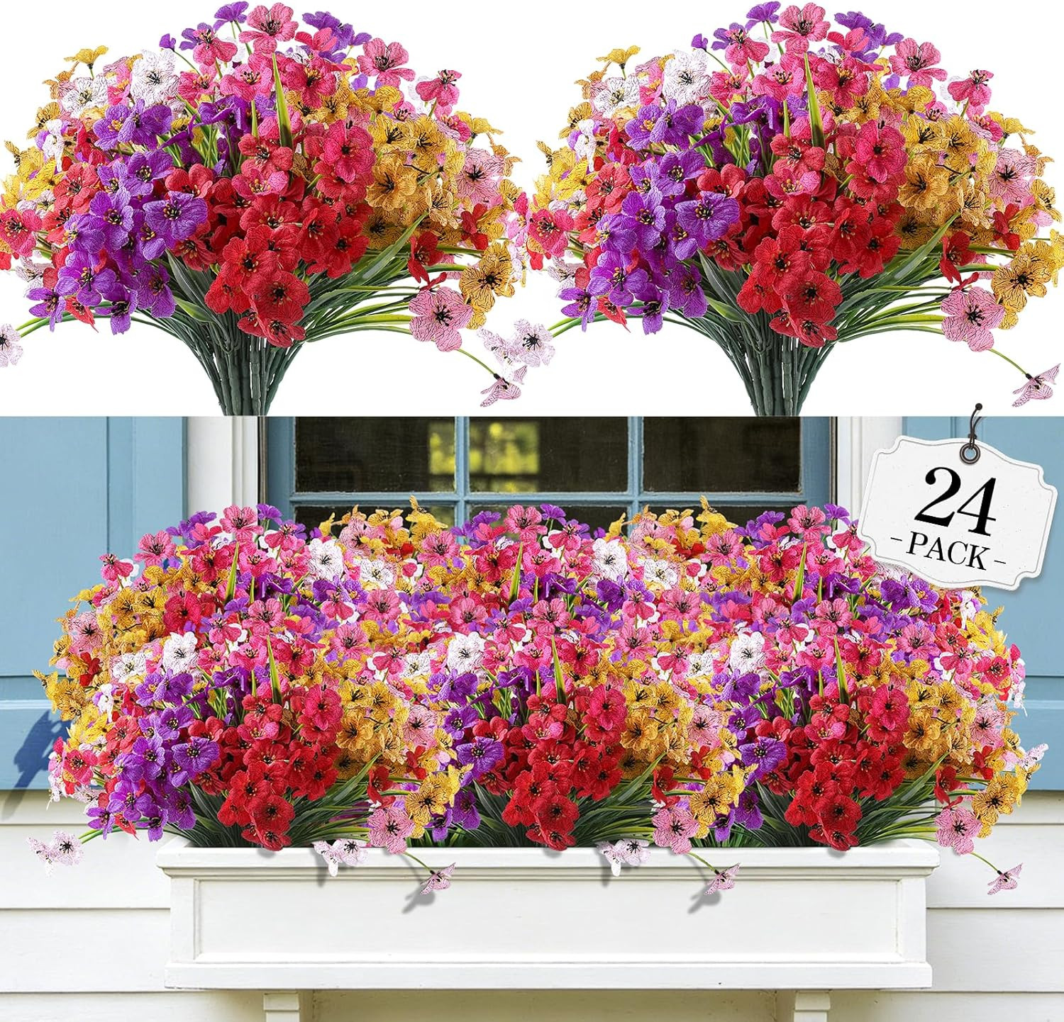 24 Bundles Artificial Flowers for Outdoor,Fake Flowers No Fade Plastic Faux Plan