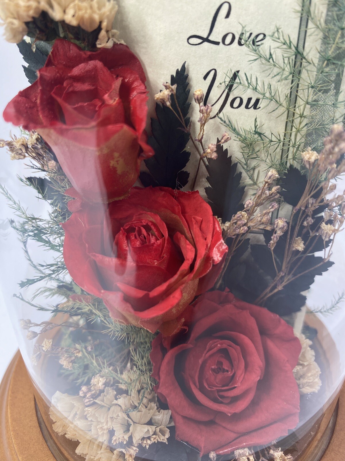 Vintage Dried Red Roses Flower Arrangement Preserved in 7.5” Glass Dome