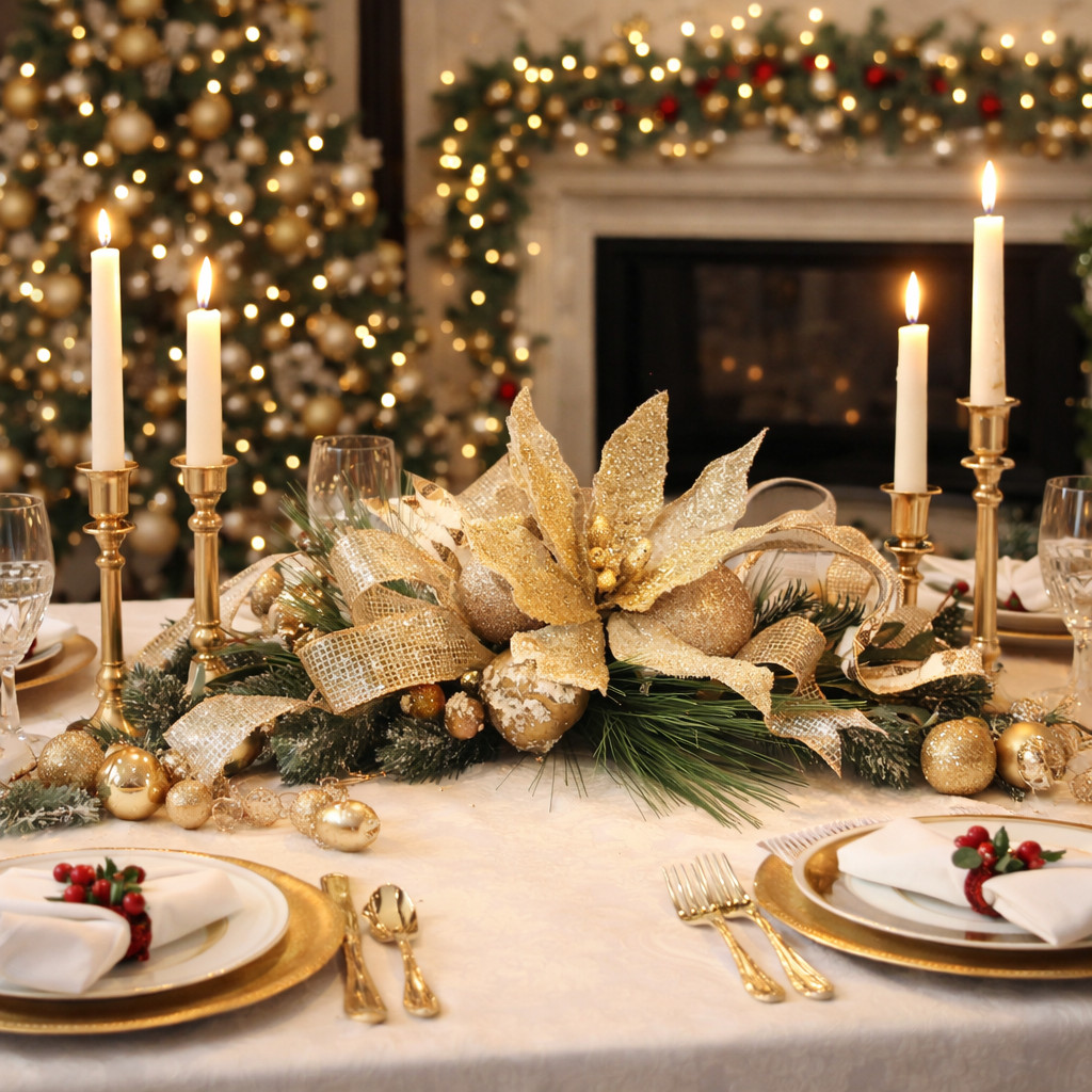 Gold poinsettia Christmas centerpiece, Christmas table swag, Mantel swag, mirror
