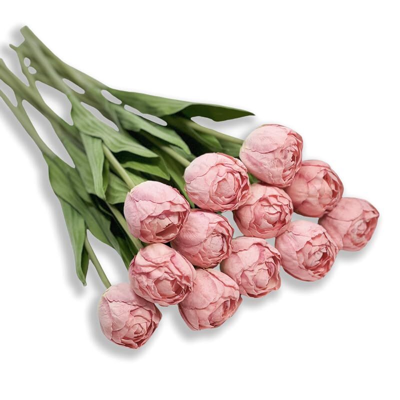 12pcs Fake Pink Tulips Burnt Edge Silk Tulips Artificial Flowers with 14.9” …