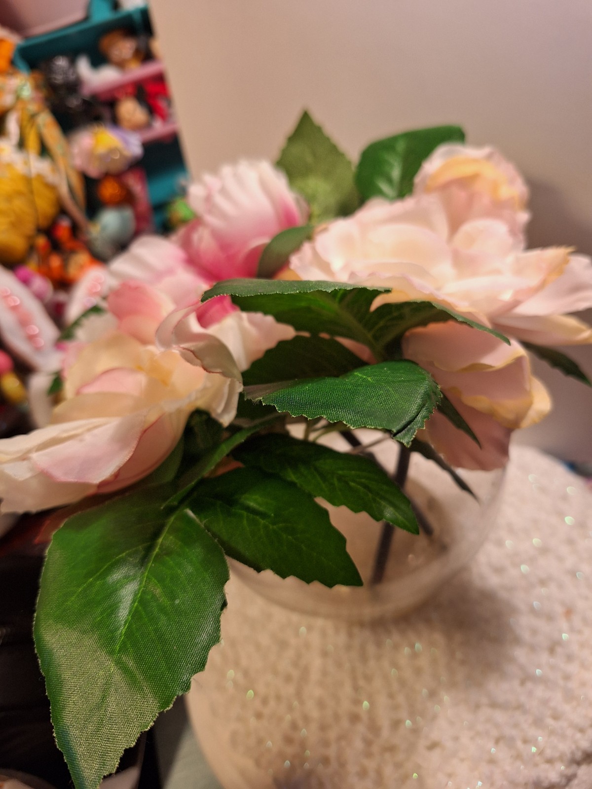 Peony White And Pink Glass Vase 6″ tall  Spring Centerpiece Flowers In Resin