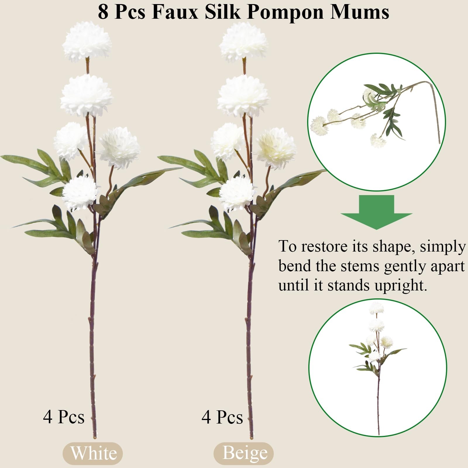 8 Pcs Artificial Flowers White Beige Faux Silk Pompon Mums, 20″ Long Stem Fak…