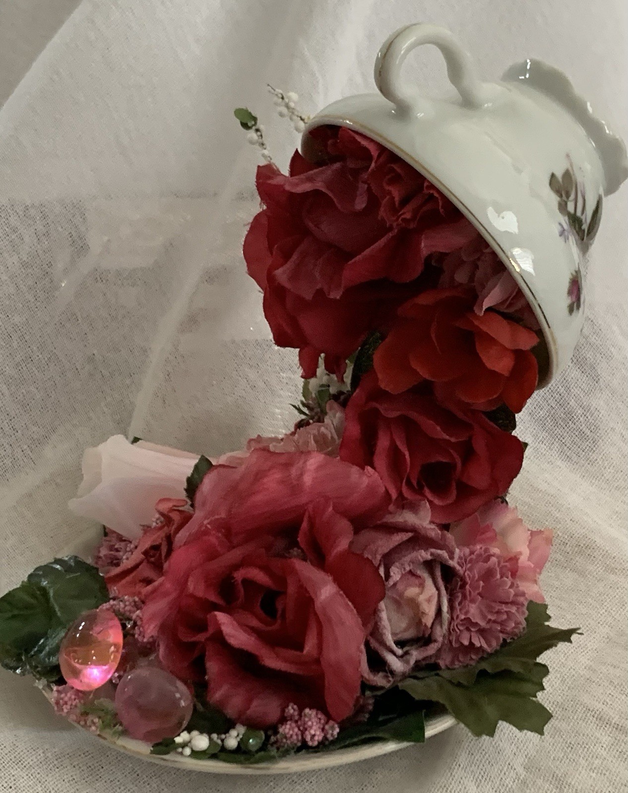 Mystical FLOATING PORCELAIN TEACUP/ARTIST MADE OOAK/Red & Pink FLORAL CASCADES/