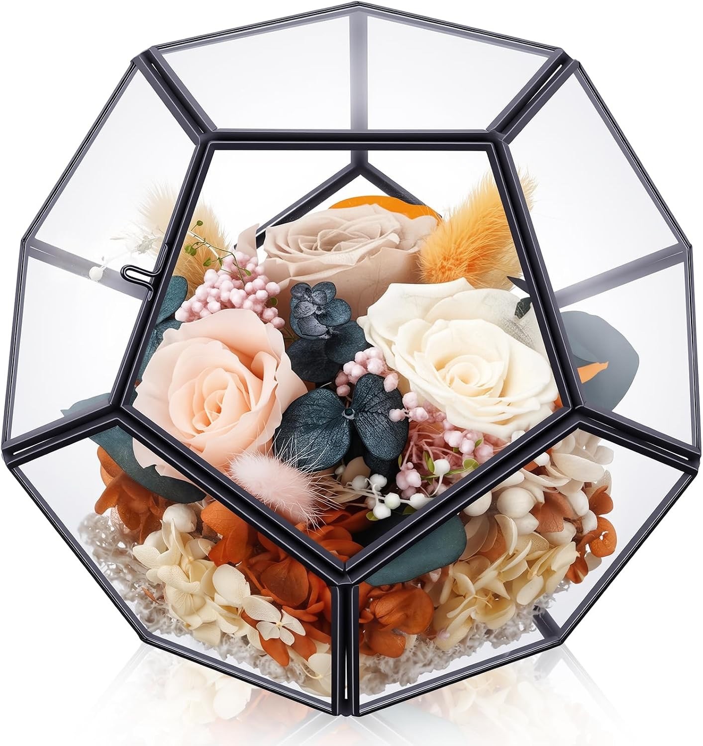 Preserved Rose Floral Arrangement in Geometric Glass Dome Gift for Mom Her