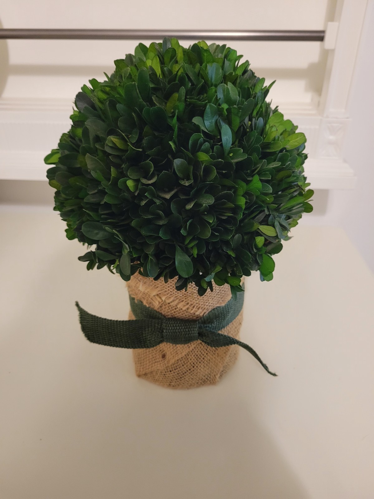 Artificial Boxwood Ball Topiary in Burlap Pot with Green Ribbon, Green/Beige
