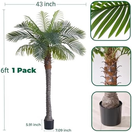 6FT Artificial Coconut Palm Tree, 1 Pack, UV Resistant Faux Sago Palm Plant f…