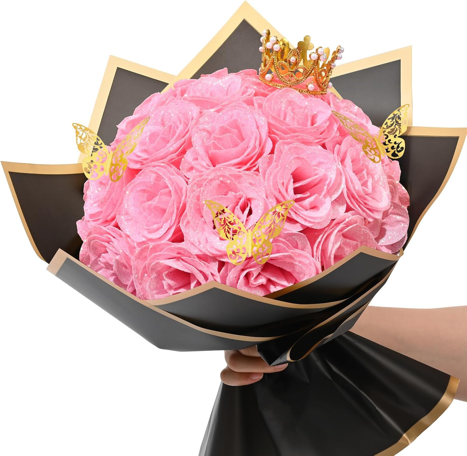 Waipfaru Pink Glitter Roses Bouquet, DIY Fake Flowers Bouquet, Everlasting Shiny