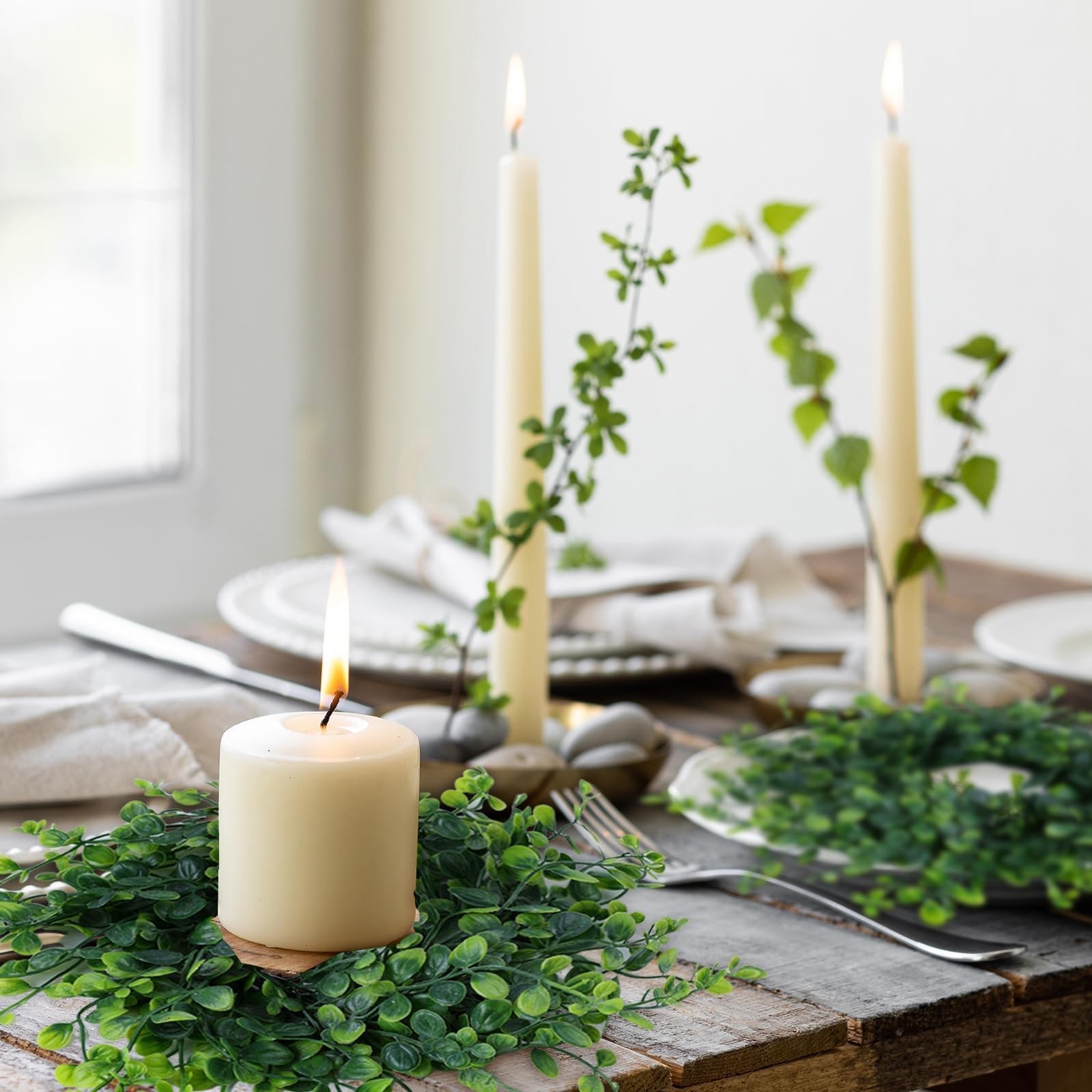 4 PCS 3 Inch Candle Rings Wreaths Pillars Mini Green Boxwood Wedding Decor