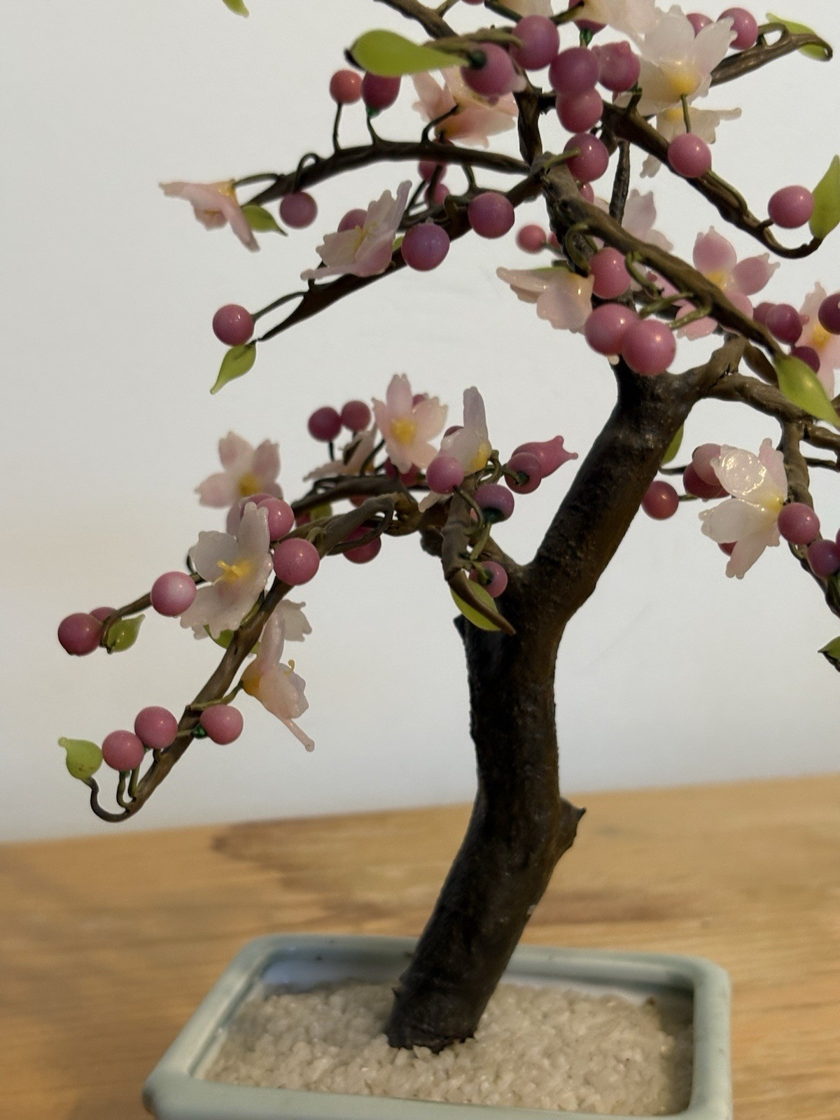 Vintage Cherry Blossom Bonsai Tree w/ Pink Blossoms & Berries Gray Planter