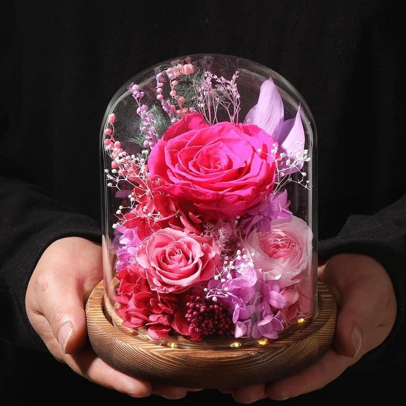 Long Lasting Preserved Roses in Glass Dome W/ LED Lights Unique Gift Idea New