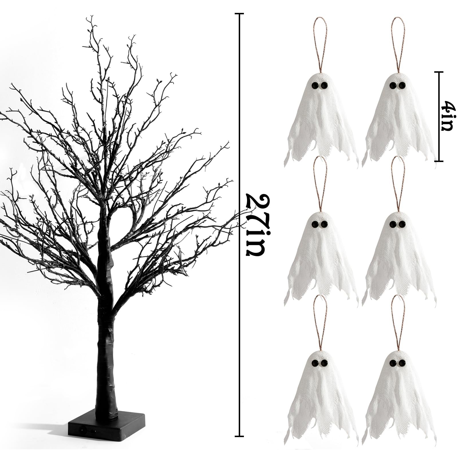 Halloween Decor Black Tree: 27″ Spooky Lighted Artificial Tree with 6pcs Cute…