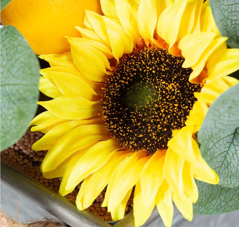 NIB Faux Sunflower, Lemon and Eucalyptus Floral Arrangement in Planter