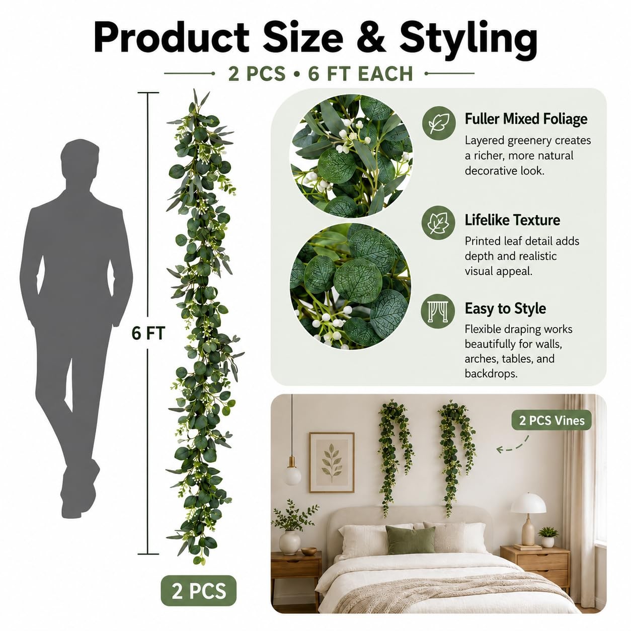 2 Pack 6 FEET Artificial Eucalyptus Garland Faux Silk Leaf Silver Dollar Euca…