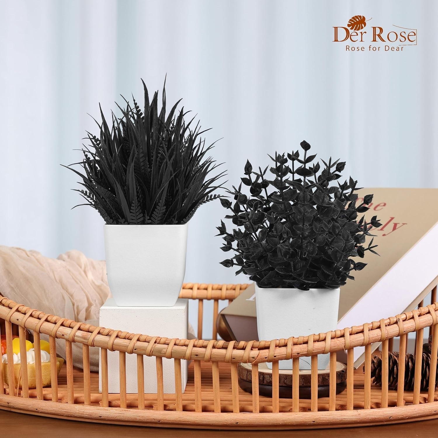 2 Pack Small Black Fake Plants Mini Artificial Potted Plants for Halloween De…