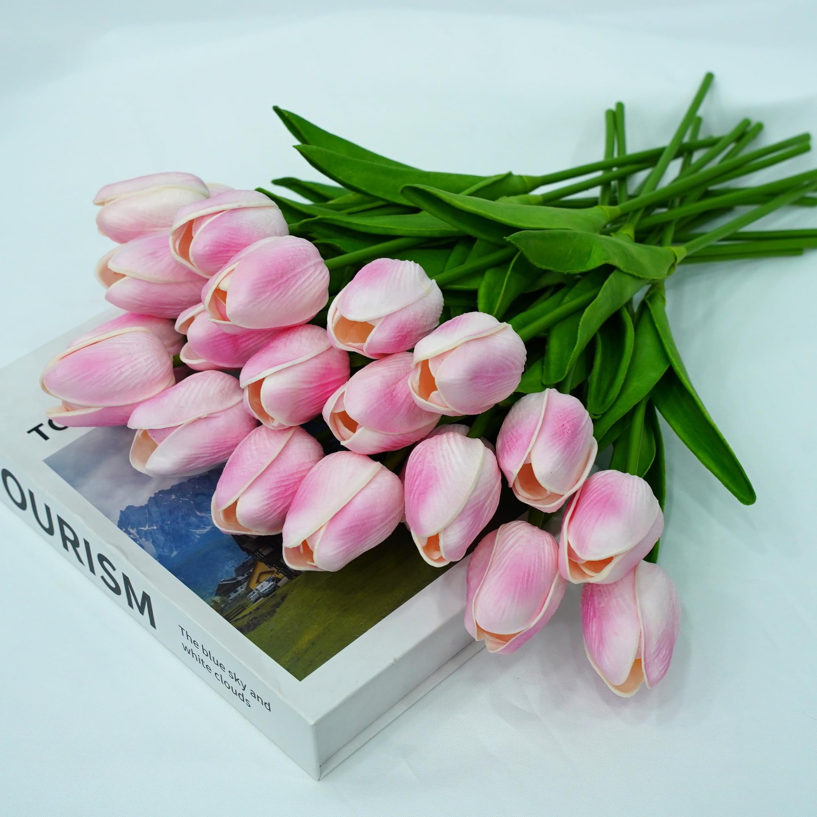 20 PCS Pink Tulips Artificial Flowers 13 Inch PU Fake Floral Home Decor